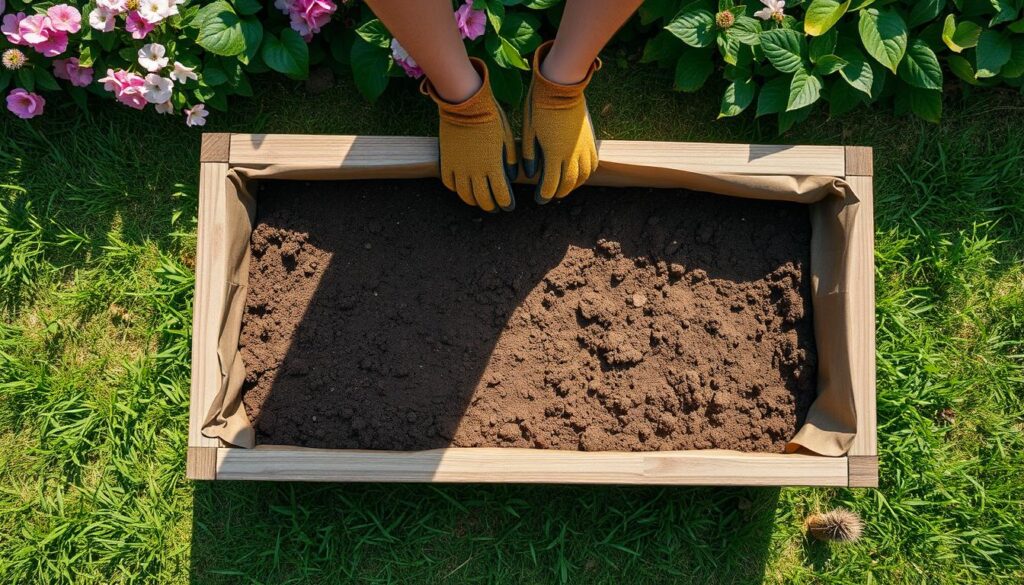 Leveling and lining the base of a raised bed